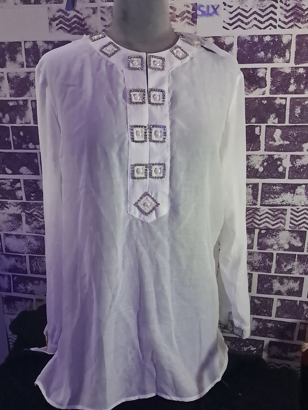 Chico's White Long-Sleeve Button-Front Shirt with Beaded Accents